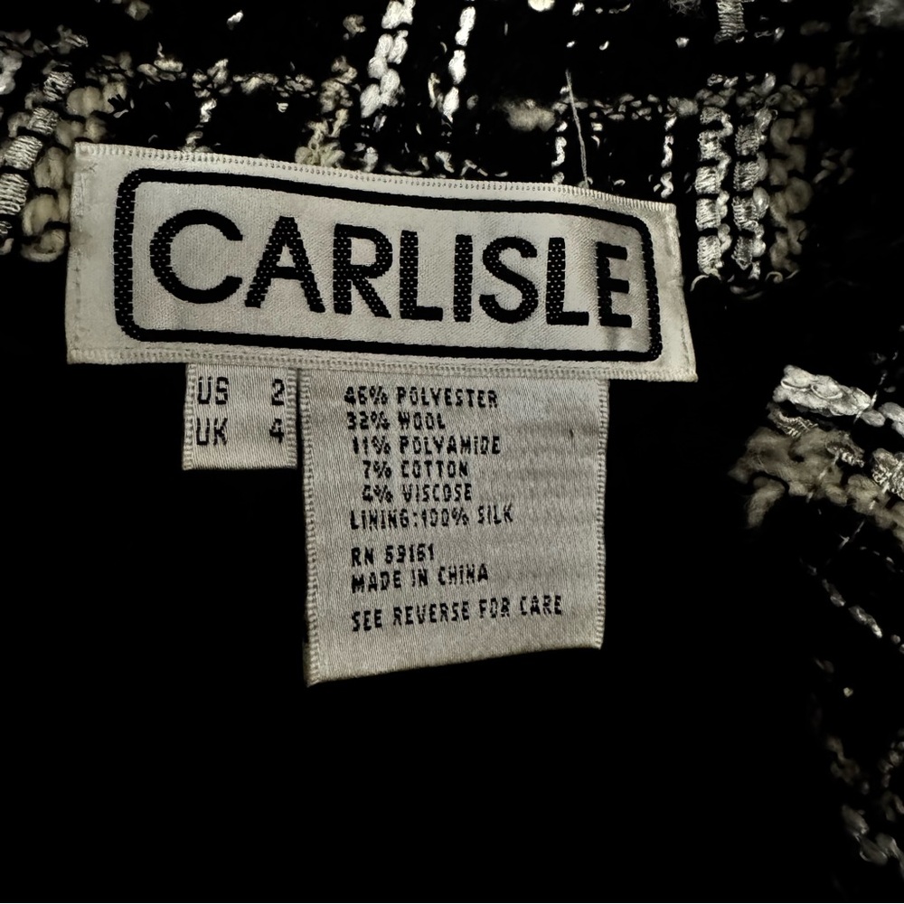 Vintage Carlisle Tweed Embroidered Floral Jacket Black & White Mock Collar Sz 2 - Picture 8 of 8